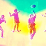 Four young people playing sports on a colorful background.