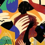 A painting of people and a church