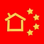 A yellow house and four yellow stars on a red background.