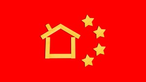 A yellow house and four yellow stars on a red background.