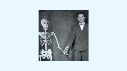A skeleton holding hands with a man