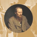 A portrait of Dostoevsky with college students walking in the background.