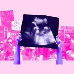 Pink and purple collage of pro-life vs pro-choice protests