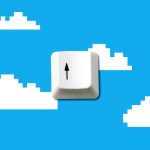 The up arrow key from a keyboard on a pixelated cloudy background