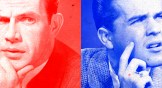 A man looking confused on the red side and another man looking confused on the blue side