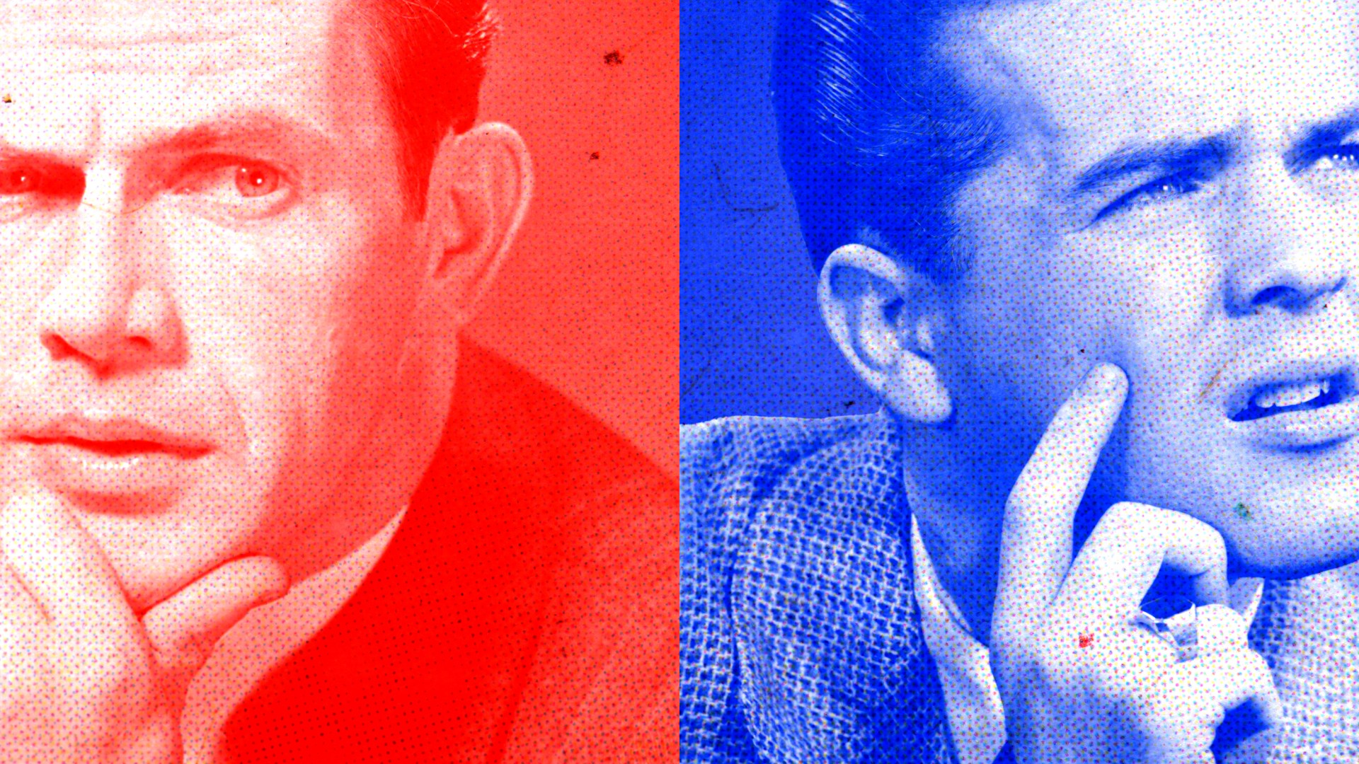 A man looking confused on the red side and another man looking confused on the blue side