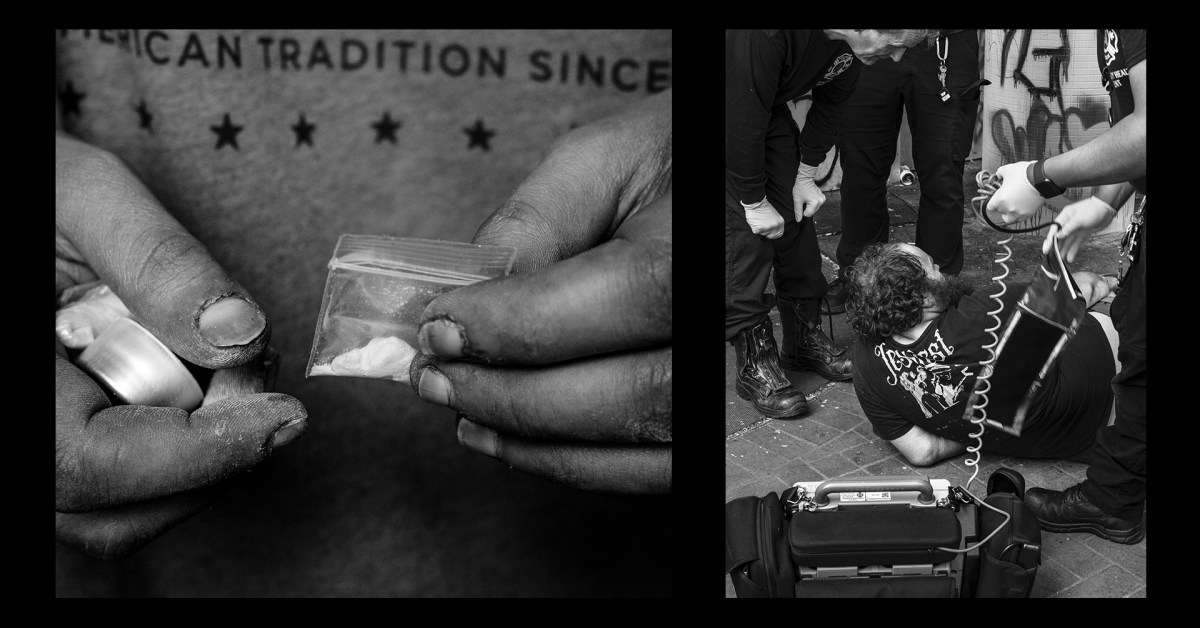 Hands holding cocaine and a man laying on the ground being helped