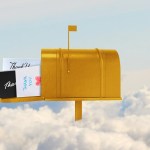 A golden mailbox full of thank you notes in the clouds.