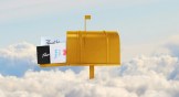 A golden mailbox full of thank you notes in the clouds.