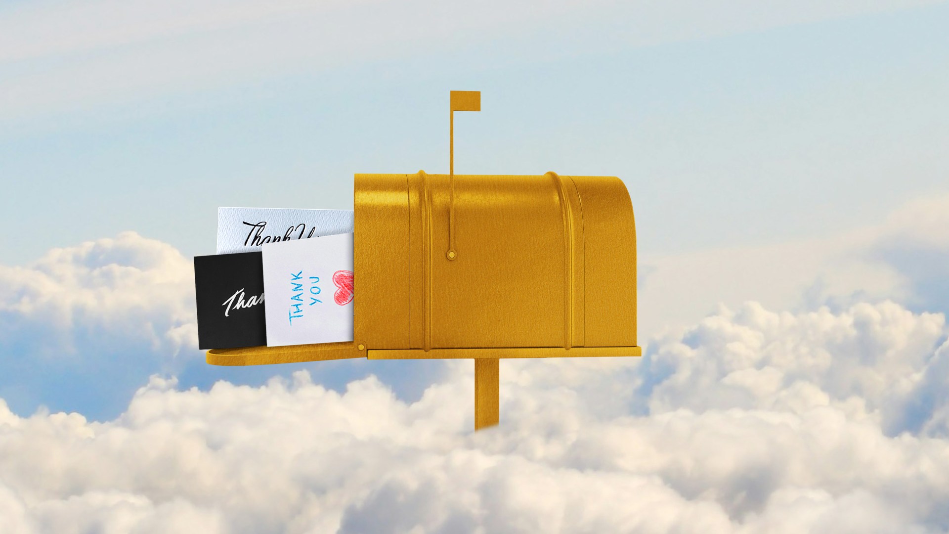 A golden mailbox full of thank you notes in the clouds.