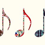 Three music notes with different brightly colored patterns.