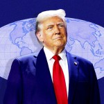 Donald Trump in front of a world map