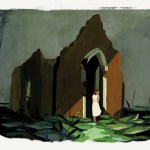 A young woman stands amidst the ruins of a church, gently holding a bouquet of flowers.