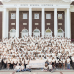 Asbury University students in front of Hughes Auditorium