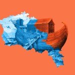 A collage made from the shape of Armenia combined with a painting of Noah's Ark.