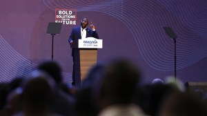 A photo of Muslim candidate Mahamudu Bawumia speaking on the campaign trail.