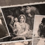 Vintage family photos with one of them showing the Holy Family.
