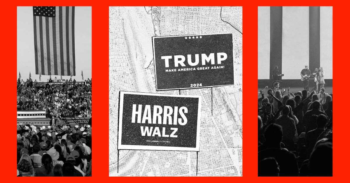 Top news stories featuring campaign signs, a political gathering, and a church gathering