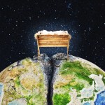 A glowing manger sitting on top of a cracked planet earth.