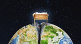 A glowing manger sitting on top of a cracked planet earth.