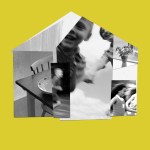 Photos of a kitchen and children running making the shape of a house