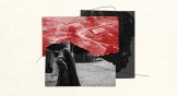 A collage made from images of burned classrooms and a woman and child in Nigeria.