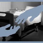 Hands reaching over a hospital bed