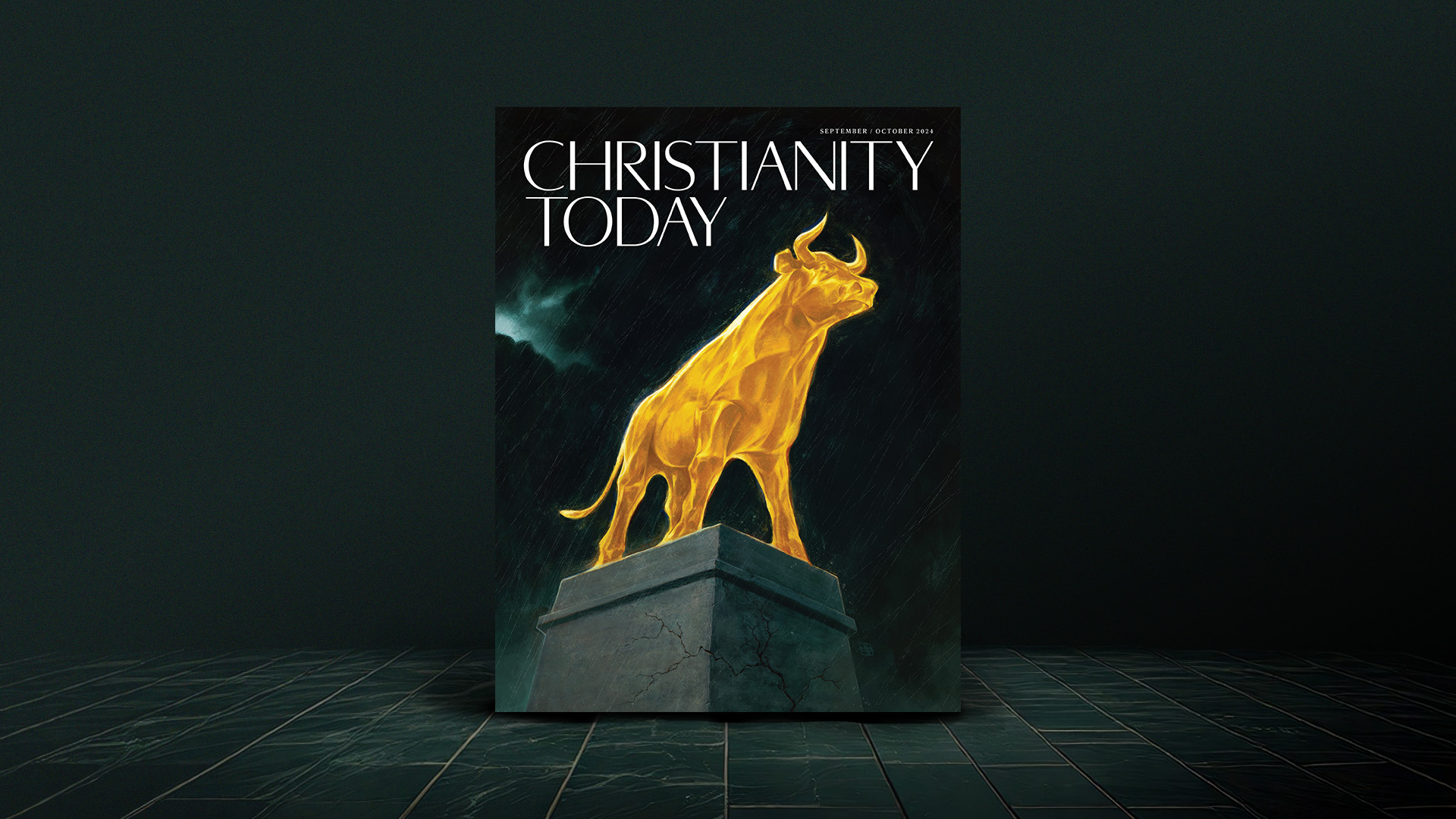 Mockup of Christianity Today's September October issue on a dark background and tile floor.
