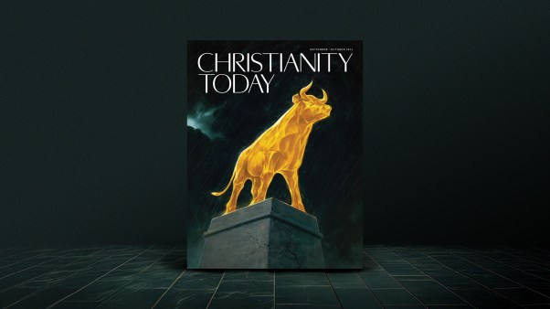 Mockup of Christianity Today's September October issue on a dark background and tile floor.