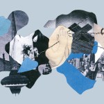 Pieces of paper showing men, women, and Christian symbols