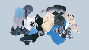 Pieces of paper showing men, women, and Christian symbols