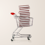 A shopping cart full of Bibles.