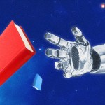 A robot arm reaching for books floating in space.