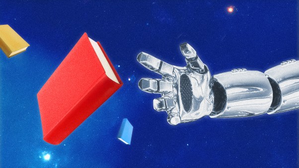 A robot arm reaching for books floating in space.