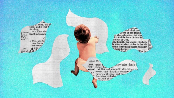 A baby crawling among Bible clippings
