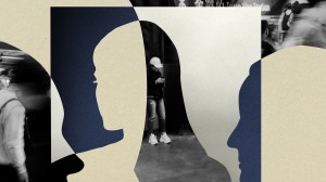 A cutout woman with a photo of people walking quickly in a train station