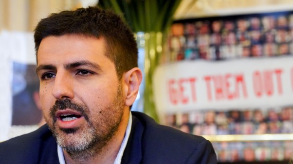 Michael Levy, whose brother was taken hostage in Gaza, speaks during a press conference with family members of seven hostages at the Embassy of Israel in London.