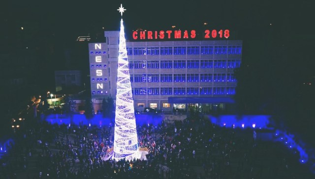 NESN celebrating Christmas in 2018 with an 100-foot wrought-iron Christmas tree.