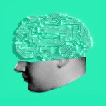 A brain made from a microchip with a man's face