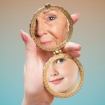 A woman looking at her young and old reflection in the mirror