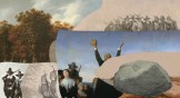 Different old artworks of the pilgrims, the Mayflower, and Plymouth Rock.