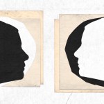 A black and white silhouette of a face made of paper
