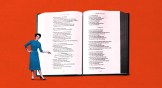 A small woman pointing at a superscription in a Bible