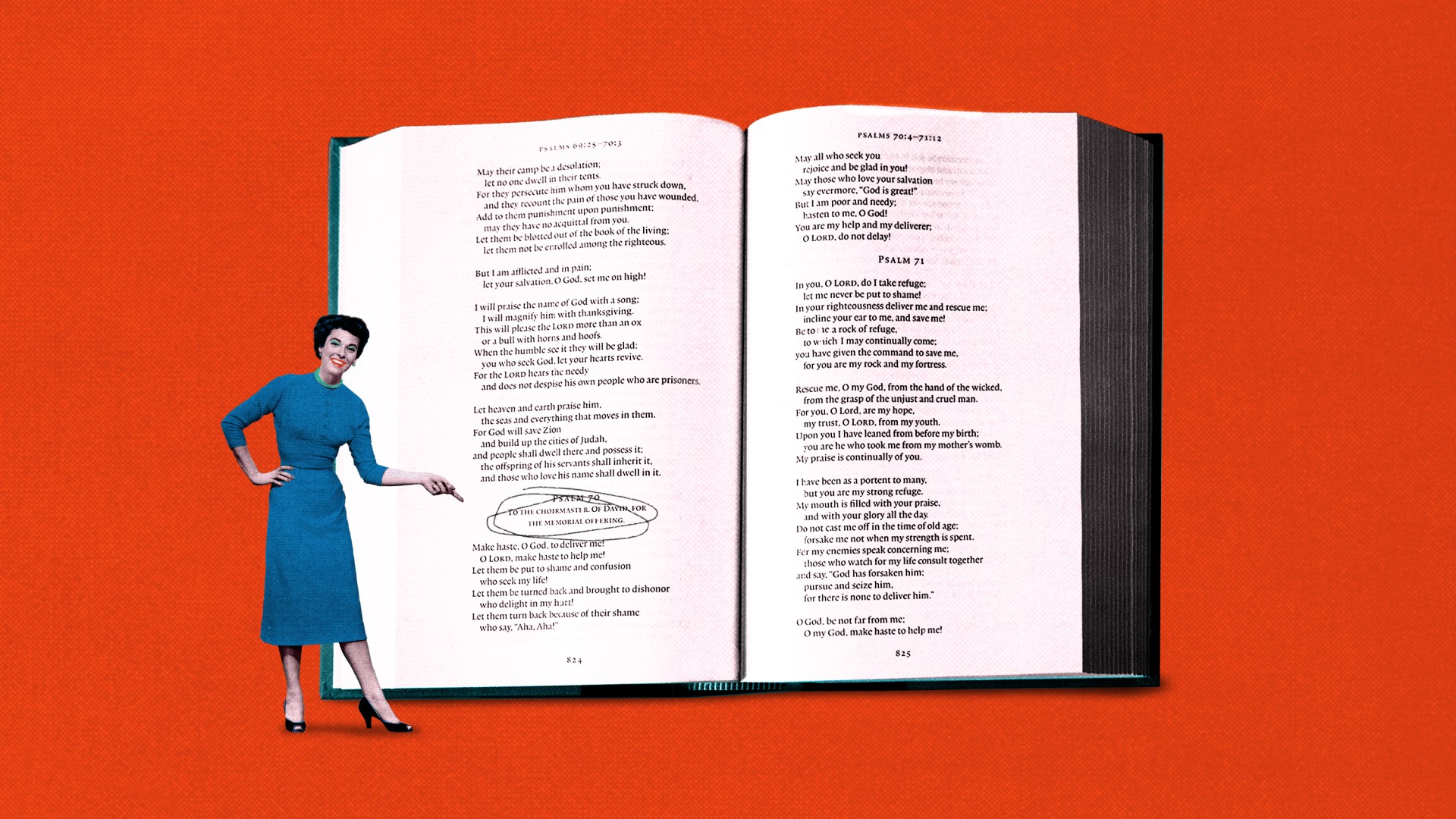 A small woman pointing at a superscription in a Bible