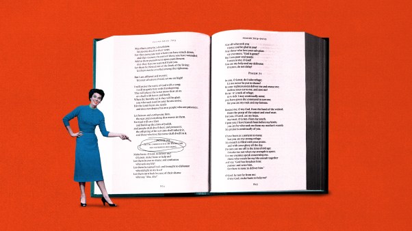 A small woman pointing at a superscription in a Bible