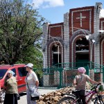 Worshippers leave Sunday service at Sukovska Baptist church in Ukraine.