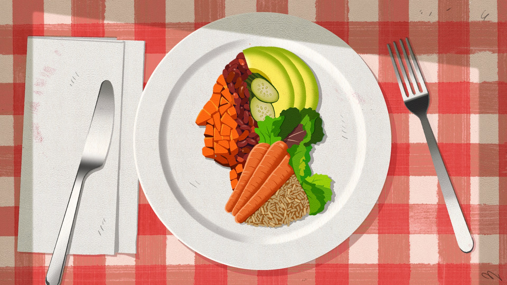 A plate full of vegetables and grains making the shape of a quarter.