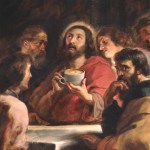 A painting of the disciples with Jesus holding a coffee cup.