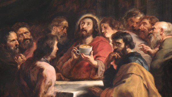 A painting of the disciples with Jesus holding a coffee cup.