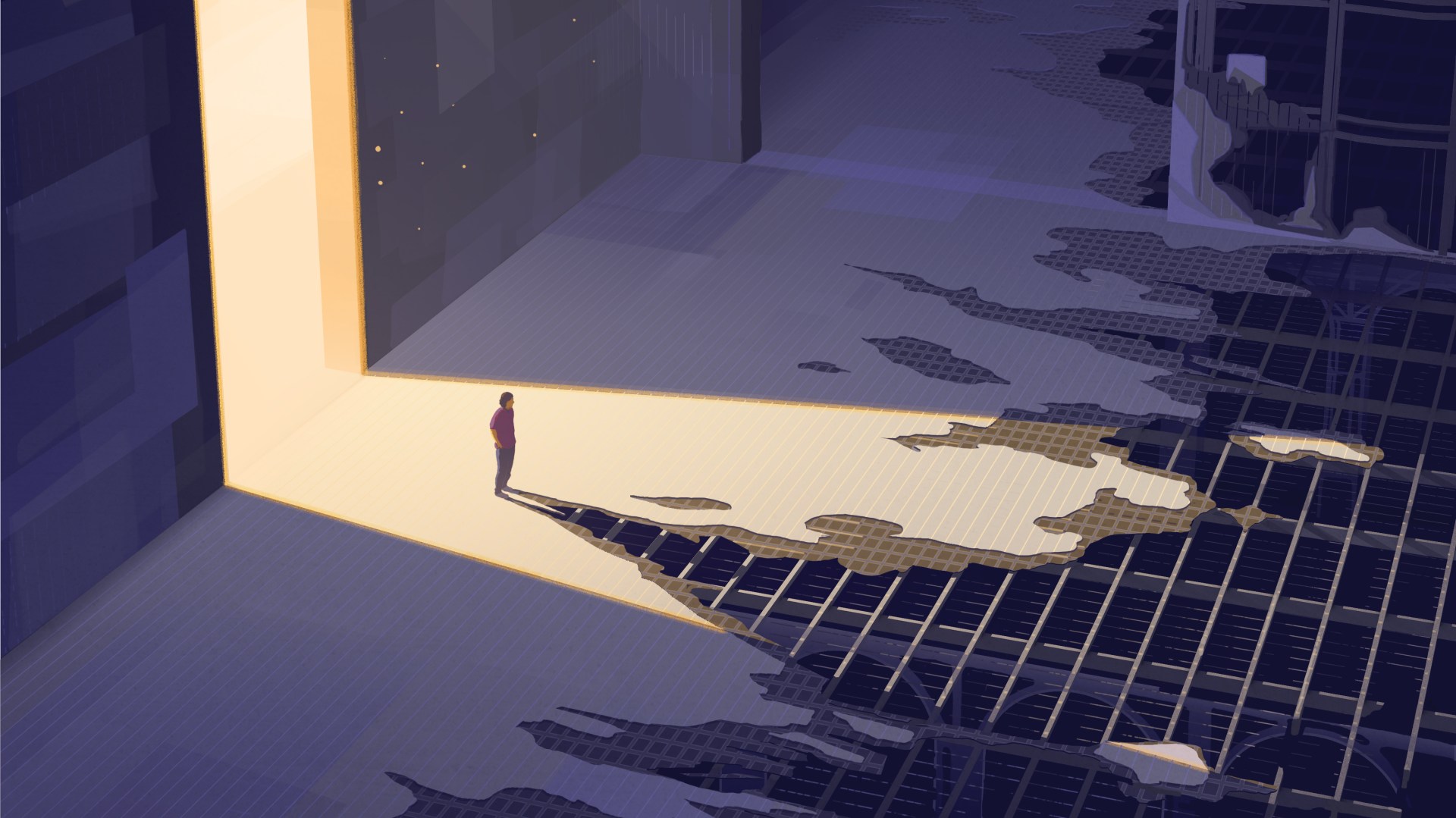 A solitary figure stands before the crumbling ruins of a church.